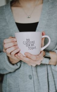 Preview wallpaper mug, inscription, hands, coffee