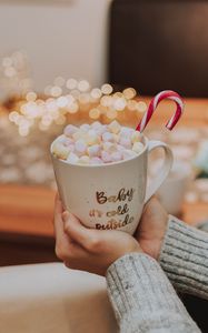 Preview wallpaper mug, inscription, marshmallows, candy cane, hands