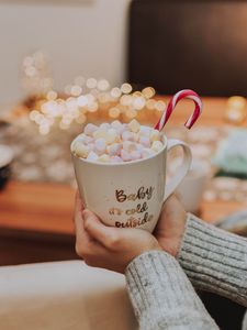 Preview wallpaper mug, inscription, marshmallows, candy cane, hands