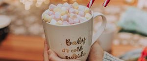 Preview wallpaper mug, inscription, marshmallows, candy cane, hands