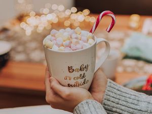 Preview wallpaper mug, inscription, marshmallows, candy cane, hands