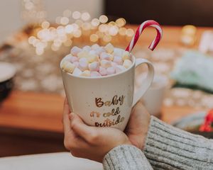 Preview wallpaper mug, inscription, marshmallows, candy cane, hands