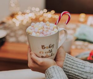 Preview wallpaper mug, inscription, marshmallows, candy cane, hands