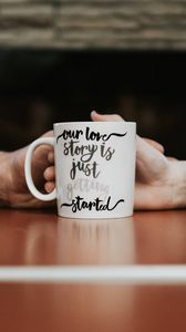 Preview wallpaper mug, inscription, text, hands, love