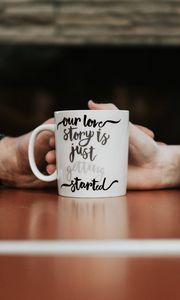 Preview wallpaper mug, inscription, text, hands, love