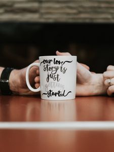 Preview wallpaper mug, inscription, text, hands, love