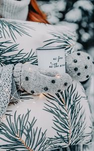 Preview wallpaper mug, inscription, white, mittens, garland