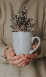 Preview wallpaper mug, lavender, flowers, hands