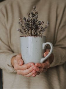 Preview wallpaper mug, lavender, flowers, hands