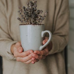 Preview wallpaper mug, lavender, flowers, hands