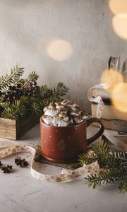 Preview wallpaper mug, marshmallow, branches, spruce