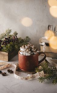 Preview wallpaper mug, marshmallow, branches, spruce