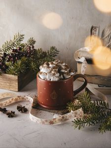 Preview wallpaper mug, marshmallow, branches, spruce