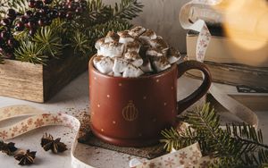 Preview wallpaper mug, marshmallow, branches, spruce