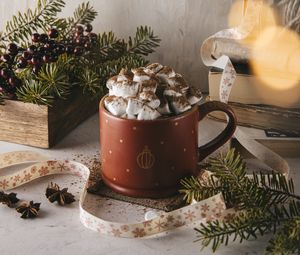 Preview wallpaper mug, marshmallow, branches, spruce