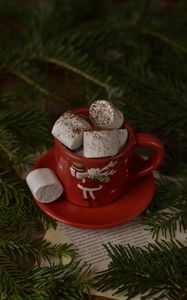 Preview wallpaper mug, marshmallow, branches, spruce, christmas, new year