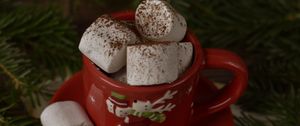 Preview wallpaper mug, marshmallow, branches, spruce, christmas, new year