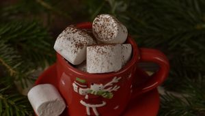 Preview wallpaper mug, marshmallow, branches, spruce, christmas, new year