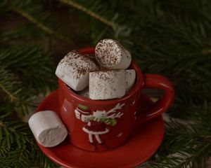 Preview wallpaper mug, marshmallow, branches, spruce, christmas, new year