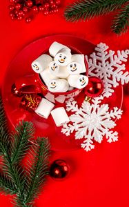 Preview wallpaper mug, marshmallow, snowflakes, balls, branches, christmas