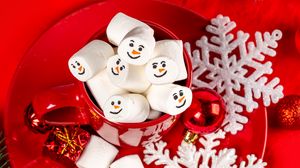 Preview wallpaper mug, marshmallow, snowflakes, balls, branches, christmas