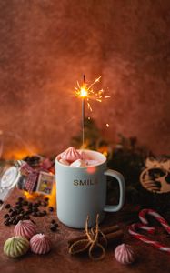 Preview wallpaper mug, marshmallow, sparklers, sparks, celebration