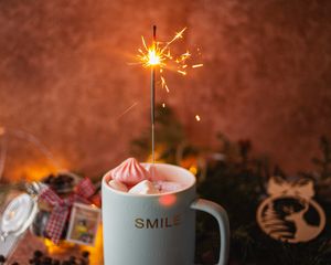 Preview wallpaper mug, marshmallow, sparklers, sparks, celebration