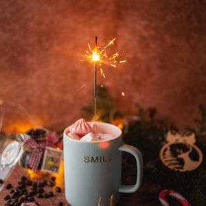 Preview wallpaper mug, marshmallow, sparklers, sparks, celebration
