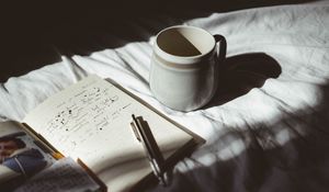 Preview wallpaper mug, pen, notebook, mood, shadows