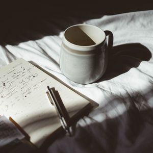 Preview wallpaper mug, pen, notebook, mood, shadows