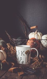 Preview wallpaper mug, pumpkins, dried flowers, autumn, aesthetics