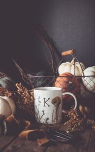 Preview wallpaper mug, pumpkins, dried flowers, autumn, aesthetics