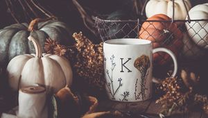 Preview wallpaper mug, pumpkins, dried flowers, autumn, aesthetics