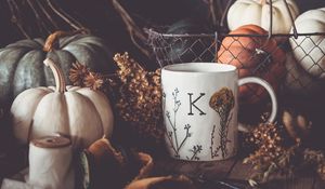 Preview wallpaper mug, pumpkins, dried flowers, autumn, aesthetics