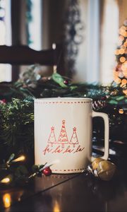 Preview wallpaper mug, tree, garland, decoration, new year, christmas