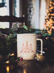 Preview wallpaper mug, tree, garland, decoration, new year, christmas