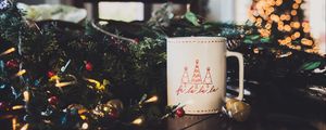 Preview wallpaper mug, tree, garland, decoration, new year, christmas