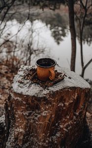 Preview wallpaper mug, tree stump, snow, nature