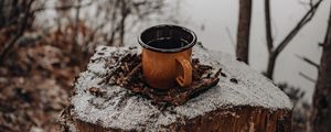 Preview wallpaper mug, tree stump, snow, nature