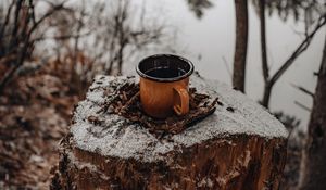 Preview wallpaper mug, tree stump, snow, nature