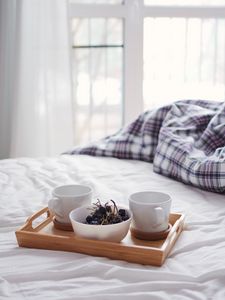 Preview wallpaper mugs, grapes, breakfast, bed