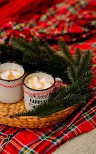 Preview wallpaper mugs, marshmallows, spruce, branches, holiday