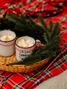 Preview wallpaper mugs, marshmallows, spruce, branches, holiday