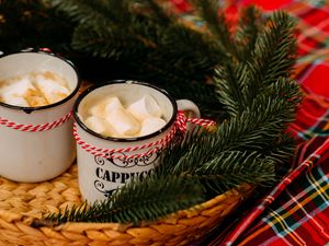 Preview wallpaper mugs, marshmallows, spruce, branches, holiday