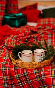 Preview wallpaper mugs, pine, branches, plaid, new year, christmas