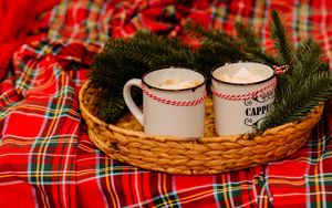 Preview wallpaper mugs, pine, branches, plaid, new year, christmas