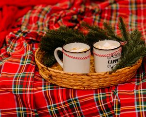 Preview wallpaper mugs, pine, branches, plaid, new year, christmas