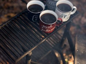 Preview wallpaper mugs, tea, camping, bonfire, travel