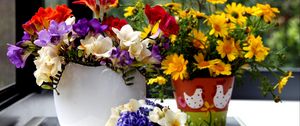 Preview wallpaper muscari, hyacinths, bouquet, daisies, crocuses, pot, vase, table