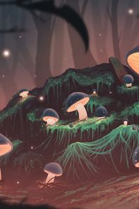 Preview wallpaper mushrooms, glow, light, forest, art
